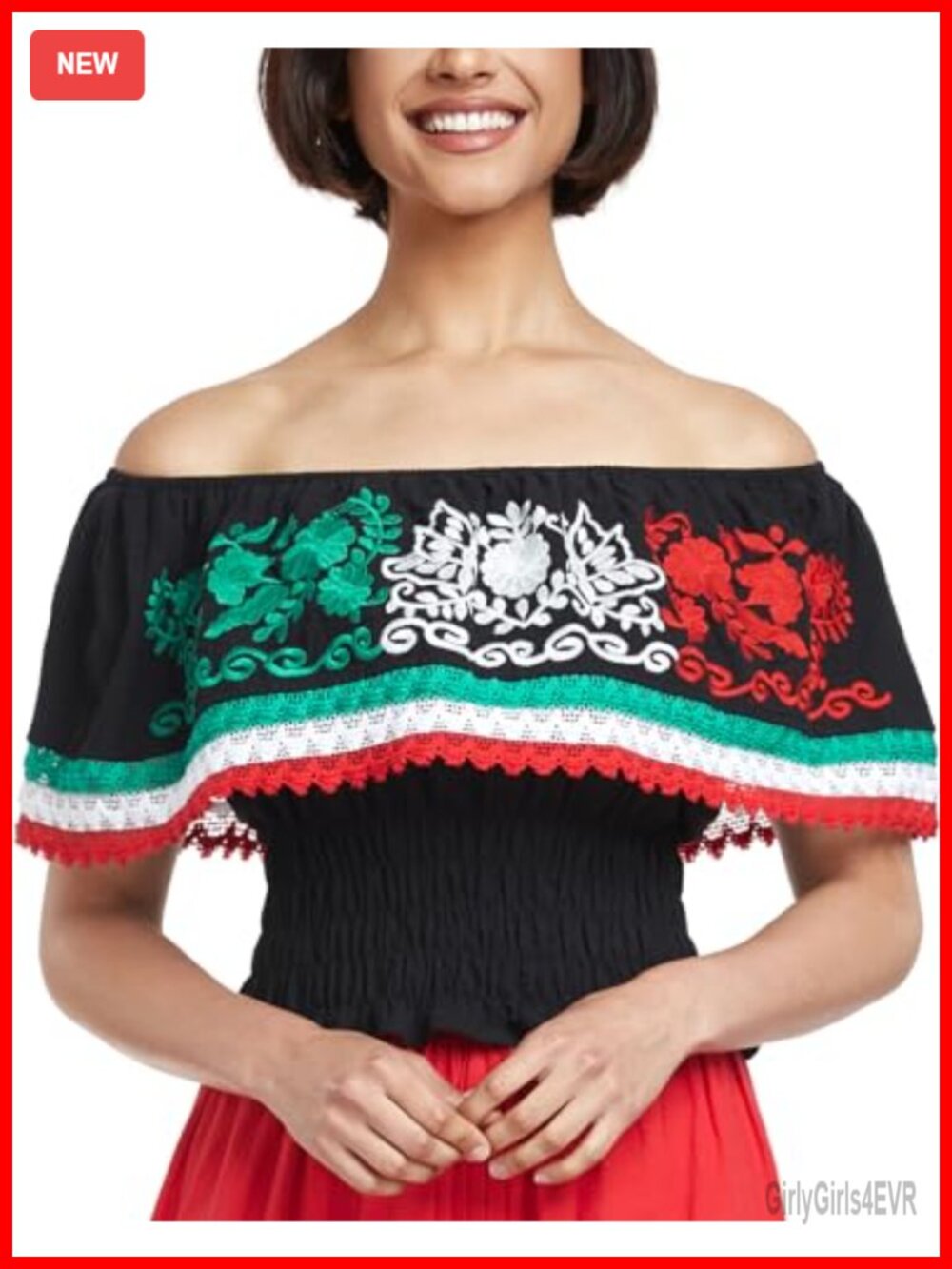 Women Mexican Embroidered Off-Shoulder Cotton Peasant Blouse with Lace Falbala